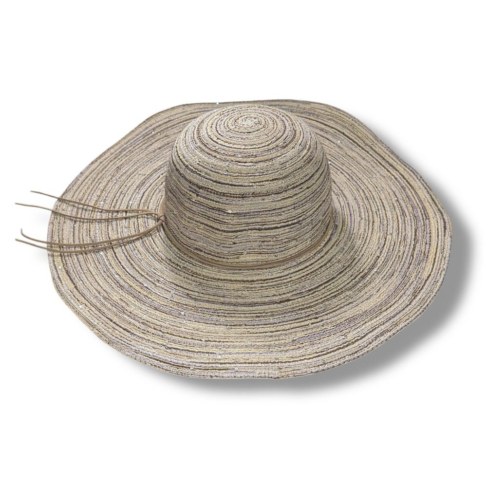 Indigo Soul Tan Metallic Silver Sequin Wide Brim Floppy Straw Sun Summer Hat - Picture 4 of 8